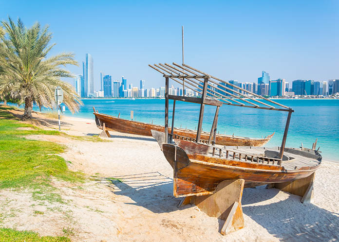 Wooden boat at the Heritage Village, in front of the Abu Dhabi s